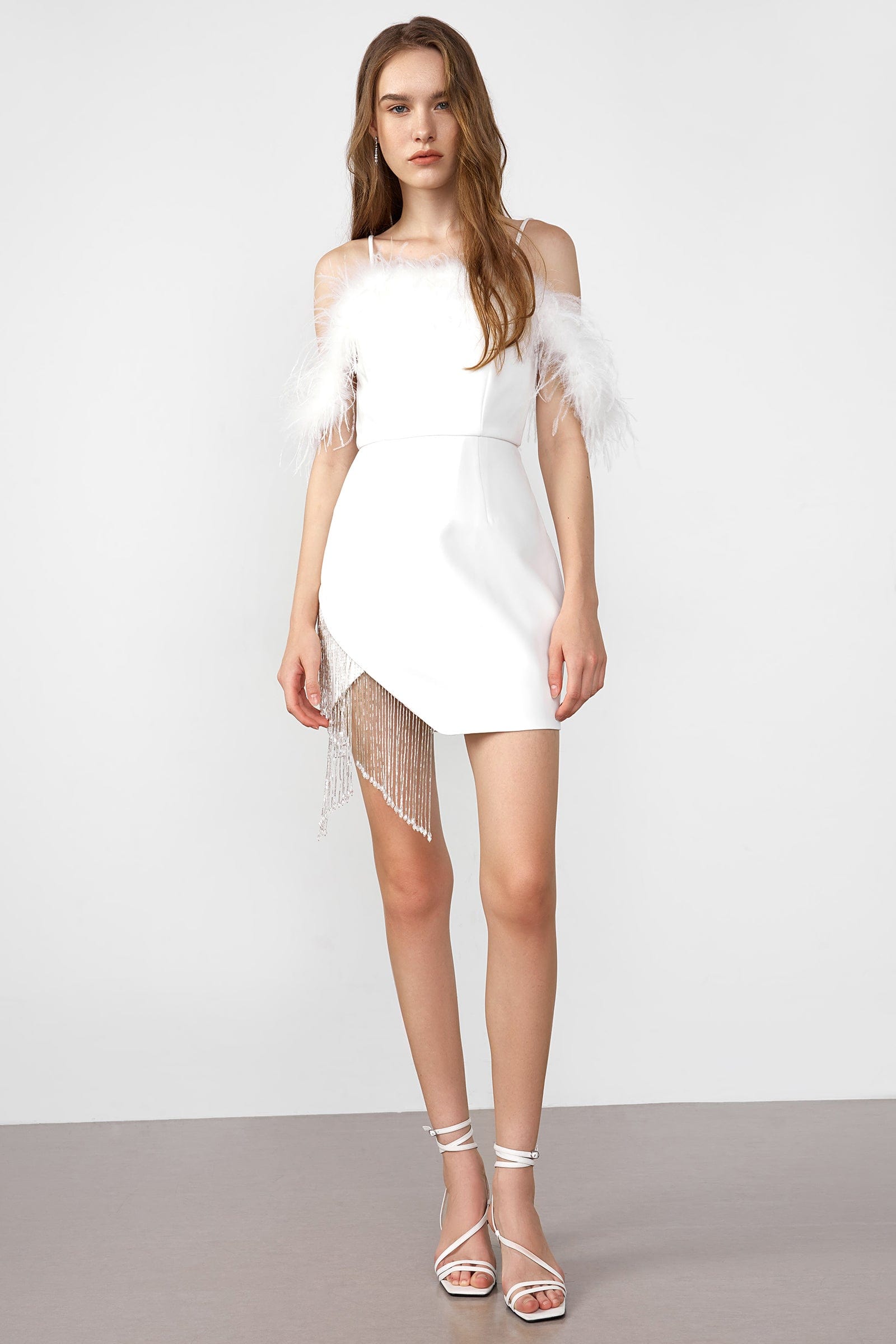 Rosalee White Feather Decor Mini Dress ...